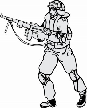 Image Details IST_17050_05574 - Vector cartoon stick figure drawing  conceptual illustration of modern army soldier in camouflage vest and  helmet and armed with rifle.. Vector Cartoon Illustration of Modern Army  Soldier in