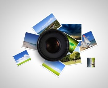 Photography concept Camera lens against light background Photography business