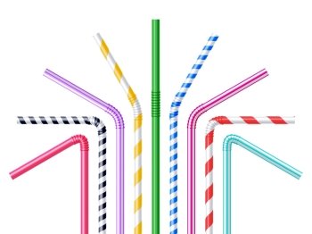 Drinking Straws Realistic Illustration Drinking plastic straws in different colors with stripes realistic vector illustration