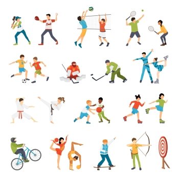 Kids Sport Icons Set Flat icons set of kids doing different types of sports from football to archery isolated vector illustration