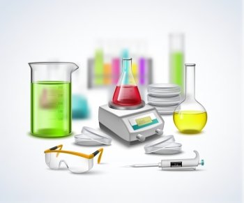 Laboratory Stuff Composition Chemical equipment composition with pulser scales realistic colorful symbols of bottles with liquids flat vector illustr