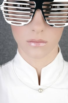 Metallic Ready File futuristic modern businesswoman steel glasses closeup portrait