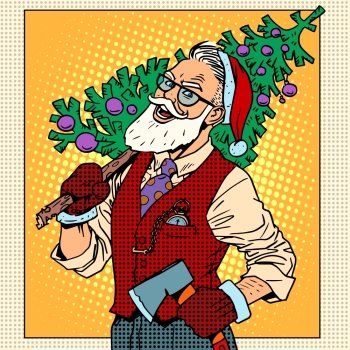 Hipster Santa Claus with Christmas tree pop art retro style Hipster Santa Claus with Christmas tree
