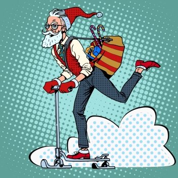 Hipster Santa Claus spreads the Christmas gifts on a scooter sled pop art retro style Hipster Santa Claus spreads the Christmas gifts on a scooter sl