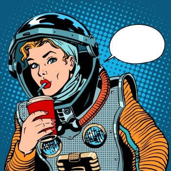 Female astronaut drinking soda pop art retro style Female astronaut drinking soda