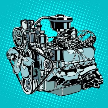 Retro engine motor pop art style Diesel mechanism metal for machine Retro engine motor
