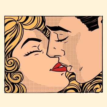 Retro kiss man and woman love couple pop art style Retro kiss man and woman love couple