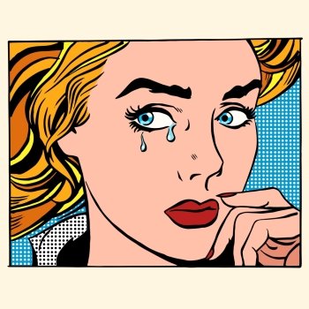 Girl crying woman face Pop art retro style Caucasian people coarsely face image Human emotions Girl crying woman face