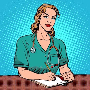 Intern front Desk at the hospital Pop art retro style Medicine and health The reception at the doctor Adult  middle-aged woman Caucasian