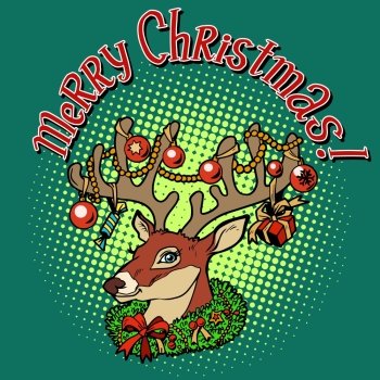 Deer Santa Claus merry Christmas pop art retro style Animal with horns Celebrations and congratulations The symbol of Christmas and new year Deer 