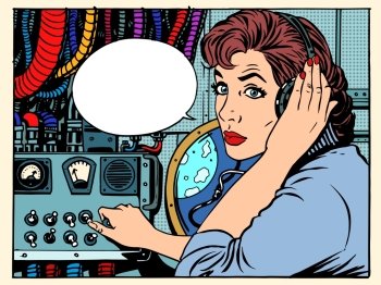 Girl radio space communications with astronauts pop art retro style The mission control center Manager flights Science fiction space and planets G