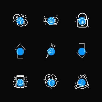 coin   dollar   crypto currency   lock   pin   arrow   up   down   golem   mobile   icon  vector  design   flat   collection  style  creative   icons