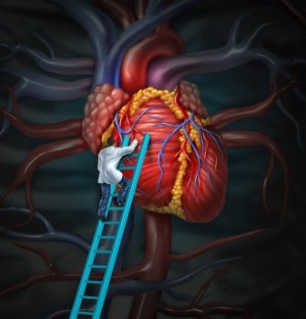 Heart doctor  therapy health care and medical concept with a surgeon or cardiologist  climbing a ladder to monitor and inspect  the human cardiovascul