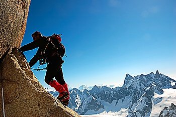 Male climber  Rock-climbing sport  horizontal orientation  day light; Mont Blanc massif