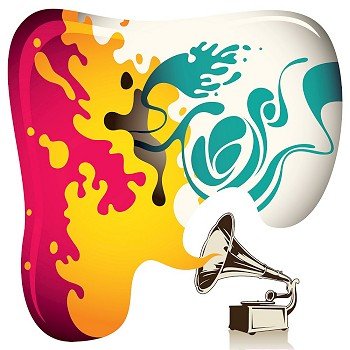 Illustrated psychedelic background with old gramophone