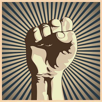 Vector illustration in retro style of a clenched fist held high in protest