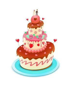 Vector illustration of a wedding tiered cake decorated with flowers and funky hearts