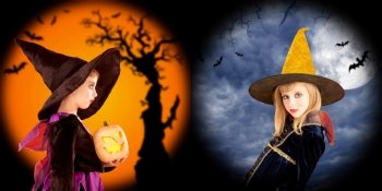 Halloween girls costumes in cold and warm backgrounds