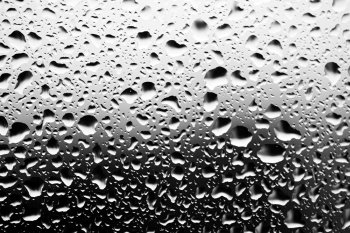 close up of water drops on glass surface  black and white toned