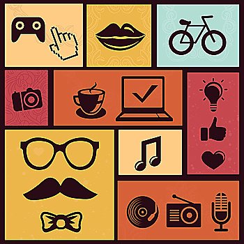 Vector set with trendy hipster icons and design element in retro style