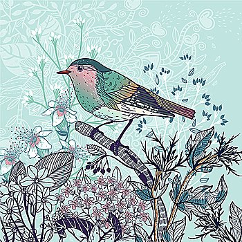 vector illustration of a little bird and blooming wild plants