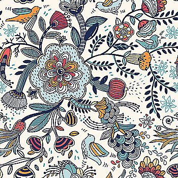 vector floral  seamless pattern with fantasy plants and fruits