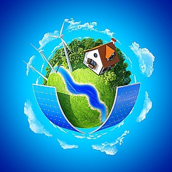 Little planet Lawn  house and trees Concept of success and happiness  idyllic ecological lifestyle