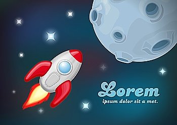 Rocket flying to the moon planet Spaceship in space Cartoon Vector illustration Editable