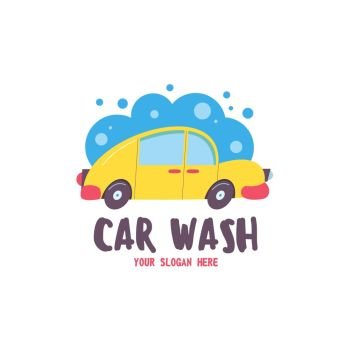 Image Details ING_57556_02904 - Car wash emblem. Vector illustration in  cartoon style. Small passenger car in the bubbles of foam and drops of water  on the wash.