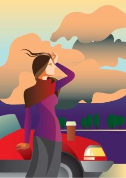Warm evening Creative conceptual vector Woman standing near the car with a take away coffee