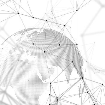 Abstract futuristic network shapes High tech background  connecting lines and dots  polygonal linear texture World globe on white Global network co