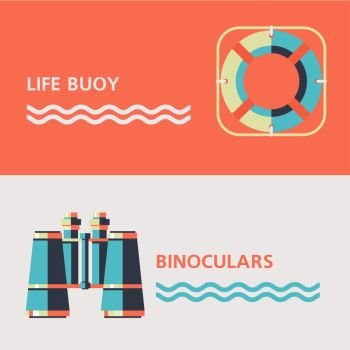 Binoculars and a life buoy Vector illustration of icons with place for text Isolated