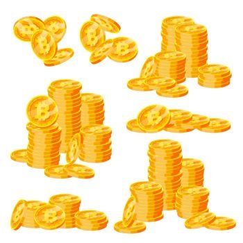 Bitcoin Stacks Set Vector Crypto Currency Virtual Money Gold Coins Stack Business Crypto Currency Trading Design Isolated Flat Cartoon Illustrat
