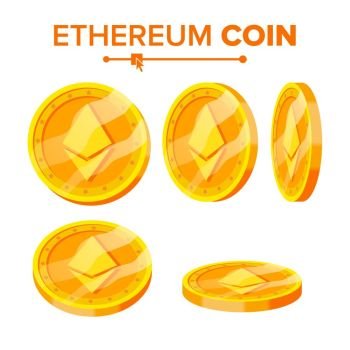Ethereum Gold Coins Vector Set Flip Different Angles Ethereum Virtual Money Digital Currency Isolated Flat illustration Ethereum Gold Coins Vecto