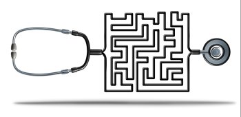 Solving healthcare and health care reform challenges as a doctor stethoscope shaped as a complicated maze as a medical and medicine insurance confusio