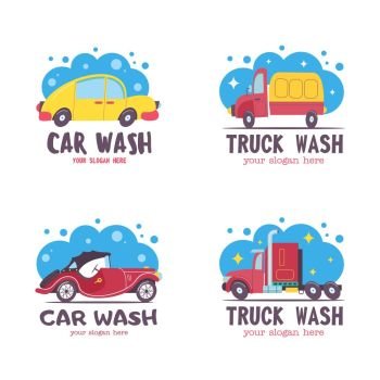 Image Details ING_57556_02981 - Emblem truck car wash. Vector illustration  in cartoon style. The truck in the water droplets on the wash.
