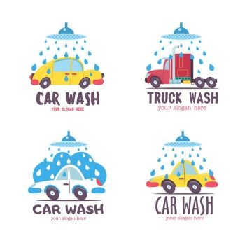 Image Details ING_57556_03076 - Emblem truck car wash. Vector illustration  in cartoon style. The truck in the water droplets and the foam on the wash.