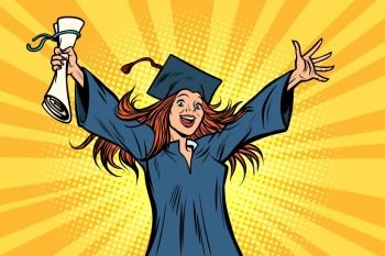 Image Details ISS_13301_01404 - girl graduate thought, the student of  College and University. Comic book cartoon pop art retro illustration  vector. girl graduate thought, the student of College and University