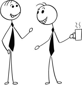 Image Details ISS_17050_00604 - Cartoon stick man illustration of two men  male business people talking or chatting with empty speech bubbles balloons.