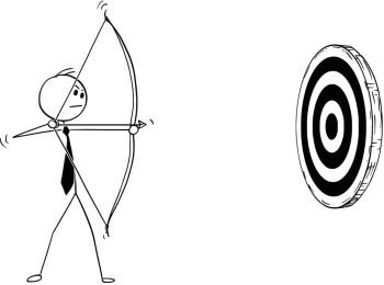 Image Details ISS_17050_01268 - Cartoon of Archer with Bow and Arrow  Shooting at Target. Cartoon stick man drawing illustration of sport archer  in shooting pose with bow and arrow shooting successfully at