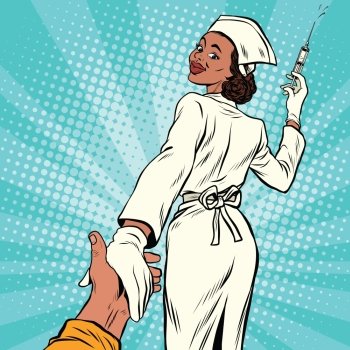 Image Details ISS_12137_02622 - follow me, nurse injection vaccine  medicine, pop art retro vector illustration. The doctor and health