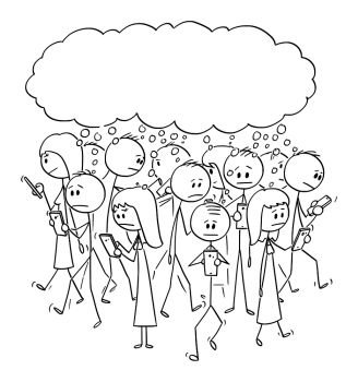 Image Details IST_17050_05613 - Vector cartoon stick figure drawing  conceptual illustration of crowd or group of people walking with mobile  phones and taking selfie.. Vector Cartoon Illustration of Group or Crowd of
