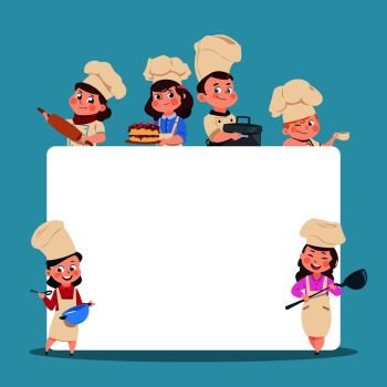 You searched for little cooks. cartoon children chef with big blank white  banner. cooking class students vector characters set. chef and cook