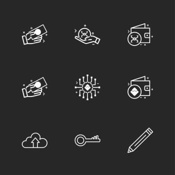 pencil   key   uploading   cloud     crypto currency   money   crypto   currency   icons   lock   unlock   graph   rate  icon  vector  design   flat  
