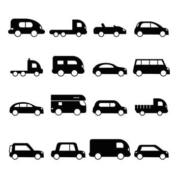 Car silhouettes icon Type of transport minivan truck suv micro van vector black symbols Auto hatchback silhouette  off-road minivan illustration Ca