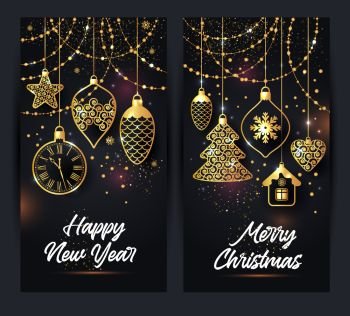 Vector illustration of christmas background with christmas ball star snowflake confetti gold on black color Vector banners illustration of christmas
