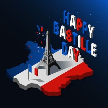 Bastille Day  Independence Day of France  symbols French flag and map icons set in 3d style Eiffel Tower icon Bastille Day  Independence Day of Fr