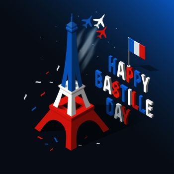 Bastille Day  Independence Day of France  symbols French flag and map icons set in 3d style Eiffel Tower icon Bastille Day  Independence Day of Fr