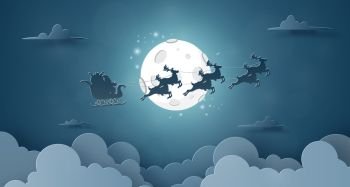 Origami Paper art of Santa Claus and reindeer flying on the sky with full moon  Merry Christmas and Happy New Year