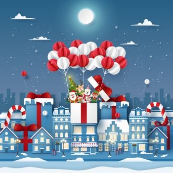 Origami Paper art of cute Christmas character on balloon in town with snowing  Merry Christmas and Happy New Year